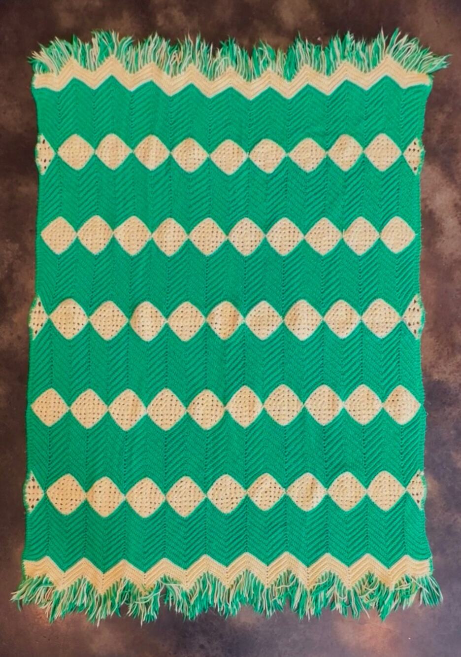 Vintage Handmade Crochet Zig Zag Green And Yellow Fringe Blanket Throw 72”x 50”